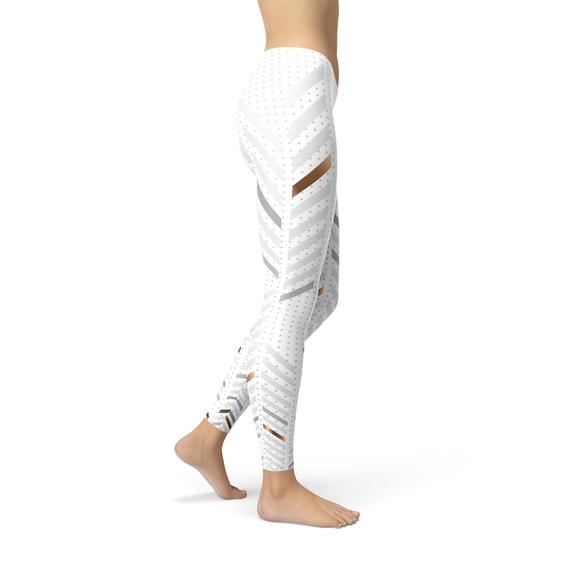 Leggings blancs à rayures chevrons gris, vue de profil