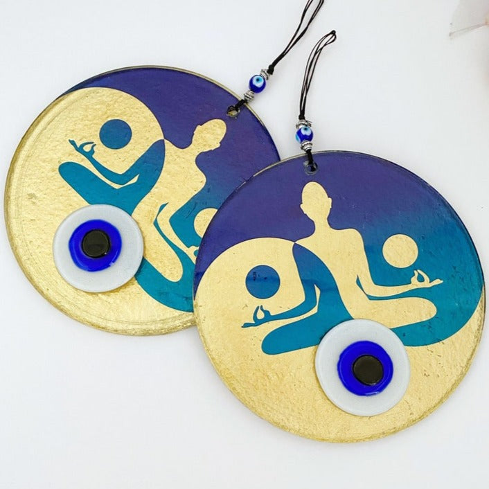 Pendentif mural rond Namaste, motif yoga en or et bleu avec œil protecteur