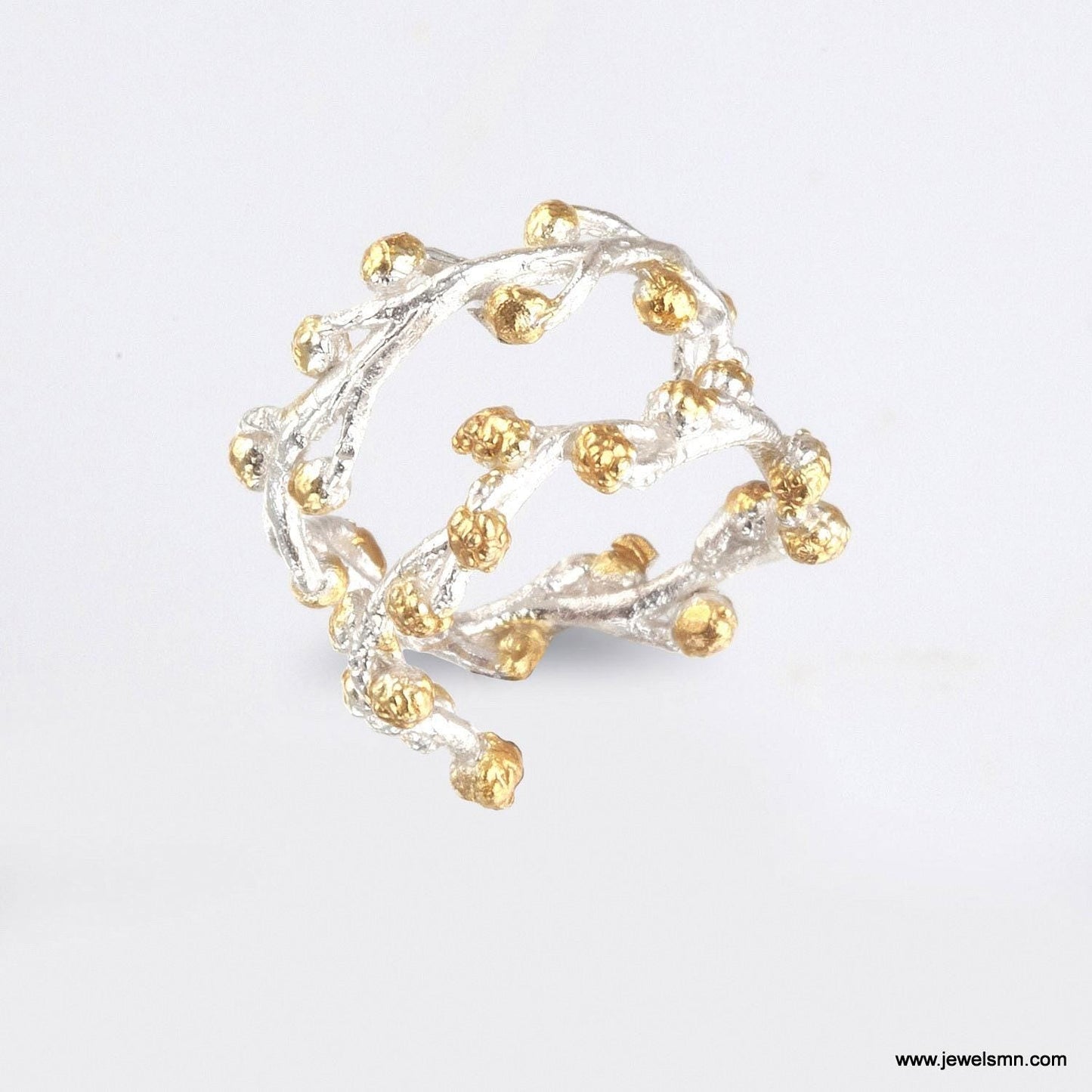 Bague motif brindille bicolore argent et or, pierres noires