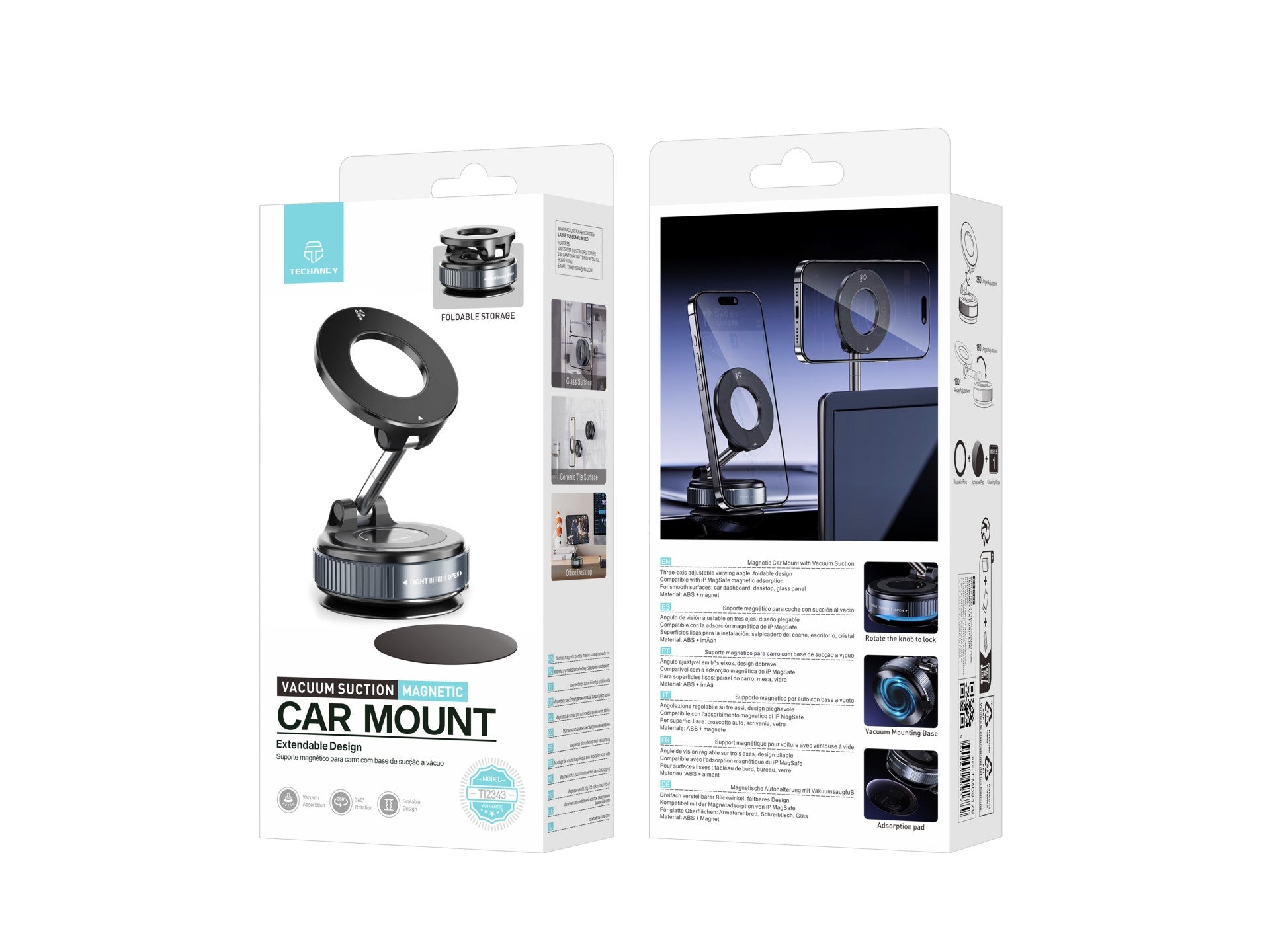 Boîte du support voiture Techancy MagSafe noir à ventouse, vue double face