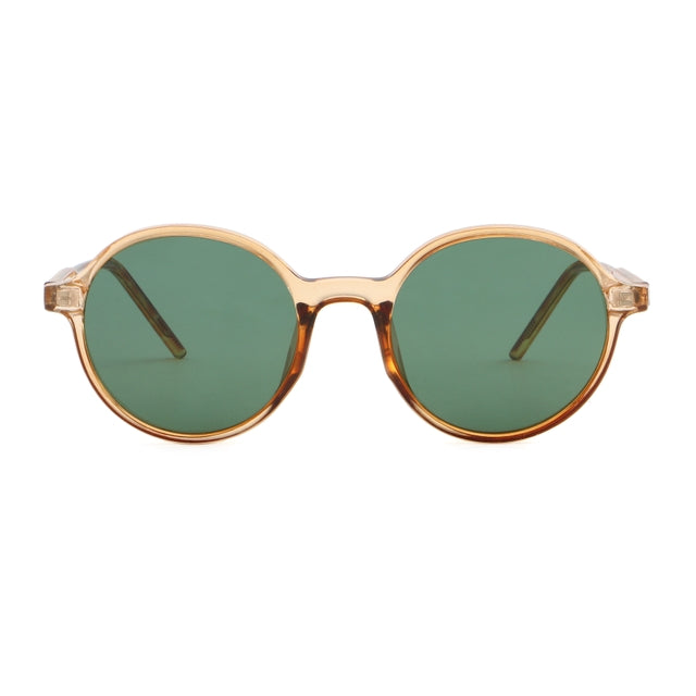 Lunettes de soleil rondes en acétate transparent, verres verts teintés, monture ambrée