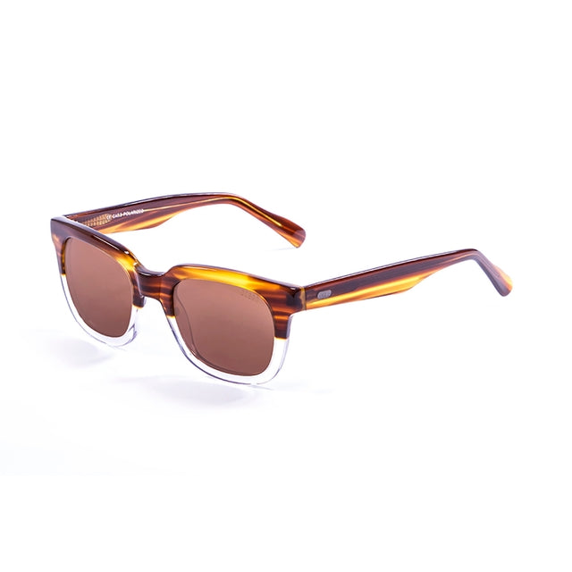 Lunettes de soleil Ocean Glasses vue de côté, monture écaille ambrée, verres bruns