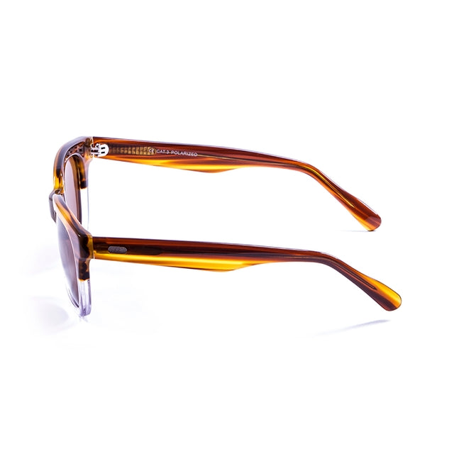 Lunettes de soleil Ocean Glasses vue de côté, monture écaille ambrée, verres bruns