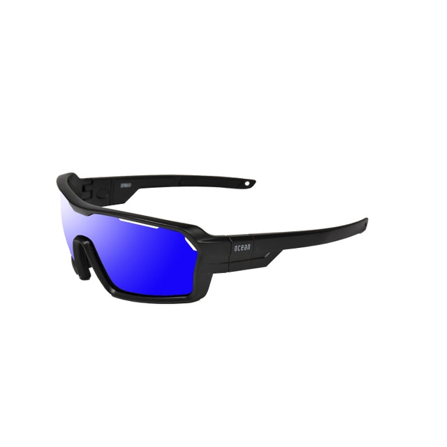 Lunettes unisexe monture noire TR90, verres bleus miroir, vue de face inclinée.