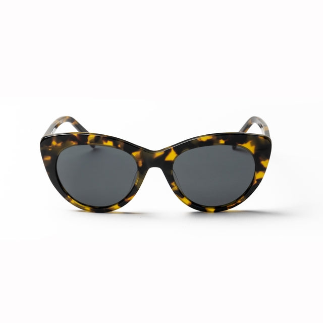 Lunettes femme œil-de-chat en acétate écaille jaune, verres teintés gris foncé