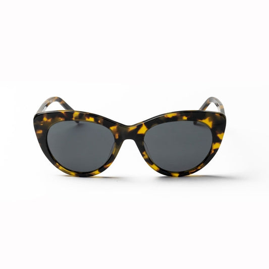 Lunettes femme œil-de-chat en acétate écaille jaune, verres teintés gris foncé