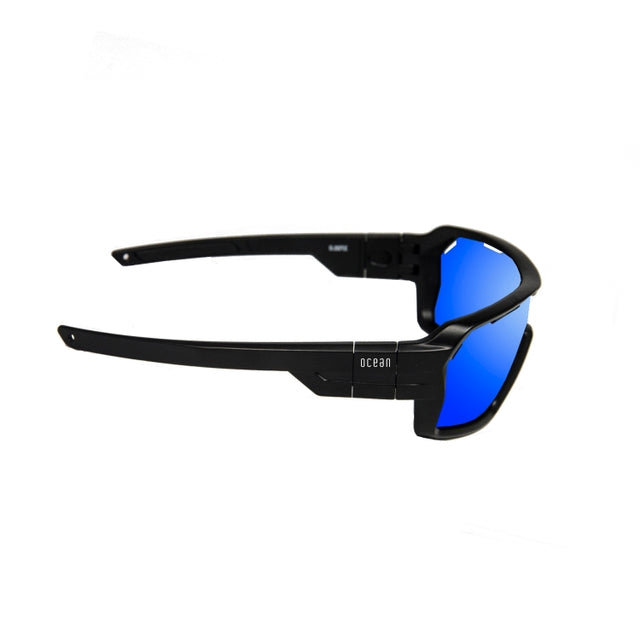 Lunettes unisexe monture noire TR90, verres bleus miroir, vue latérale déployée.