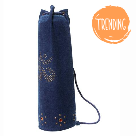 Sac à tapis de yoga en denim indigo, cordon de serrage et bandoulière, motifs de rivets