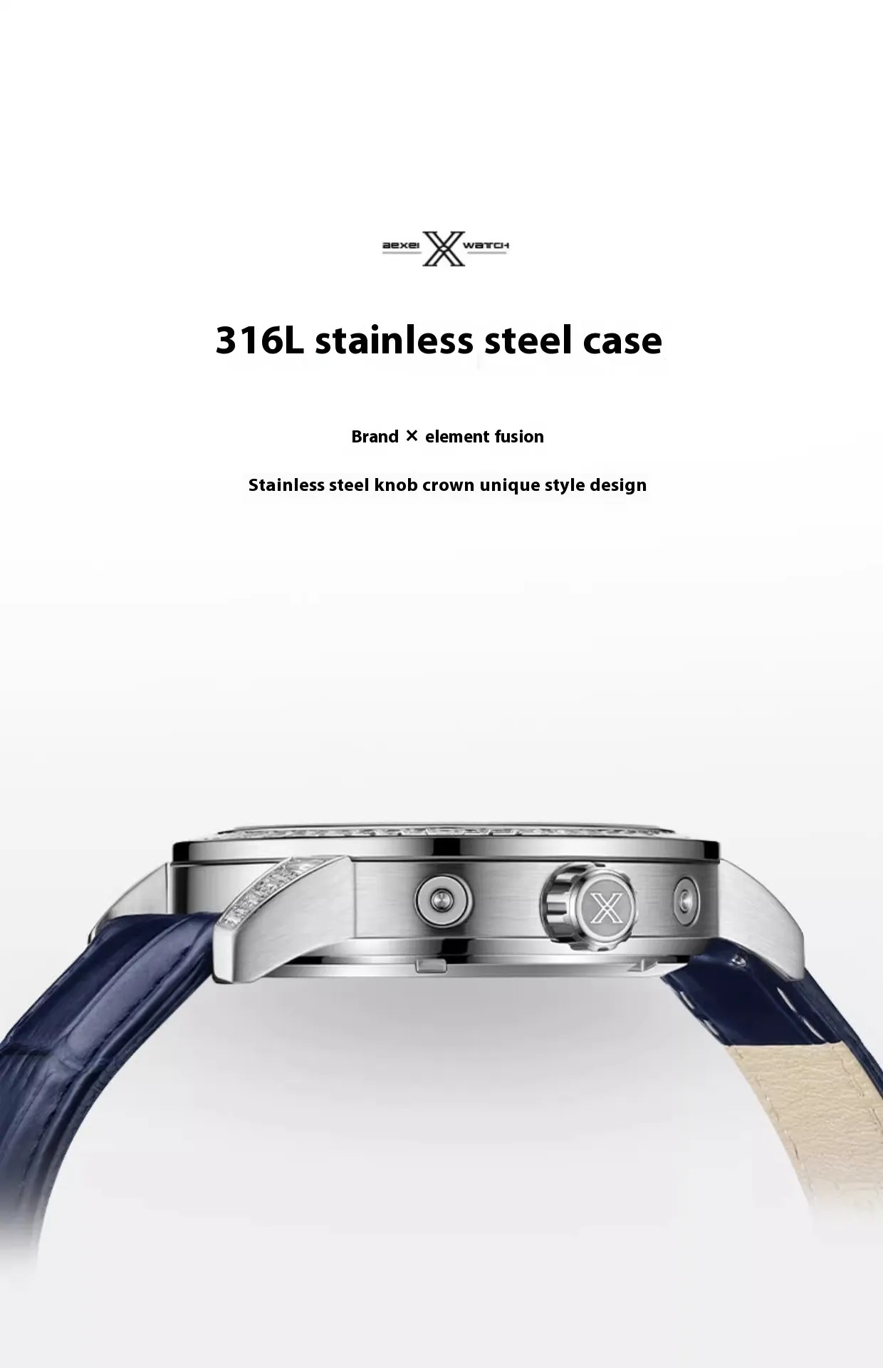 Boîtier de montre en acier inox 316L, bracelet cuir bleu, vue latérale.