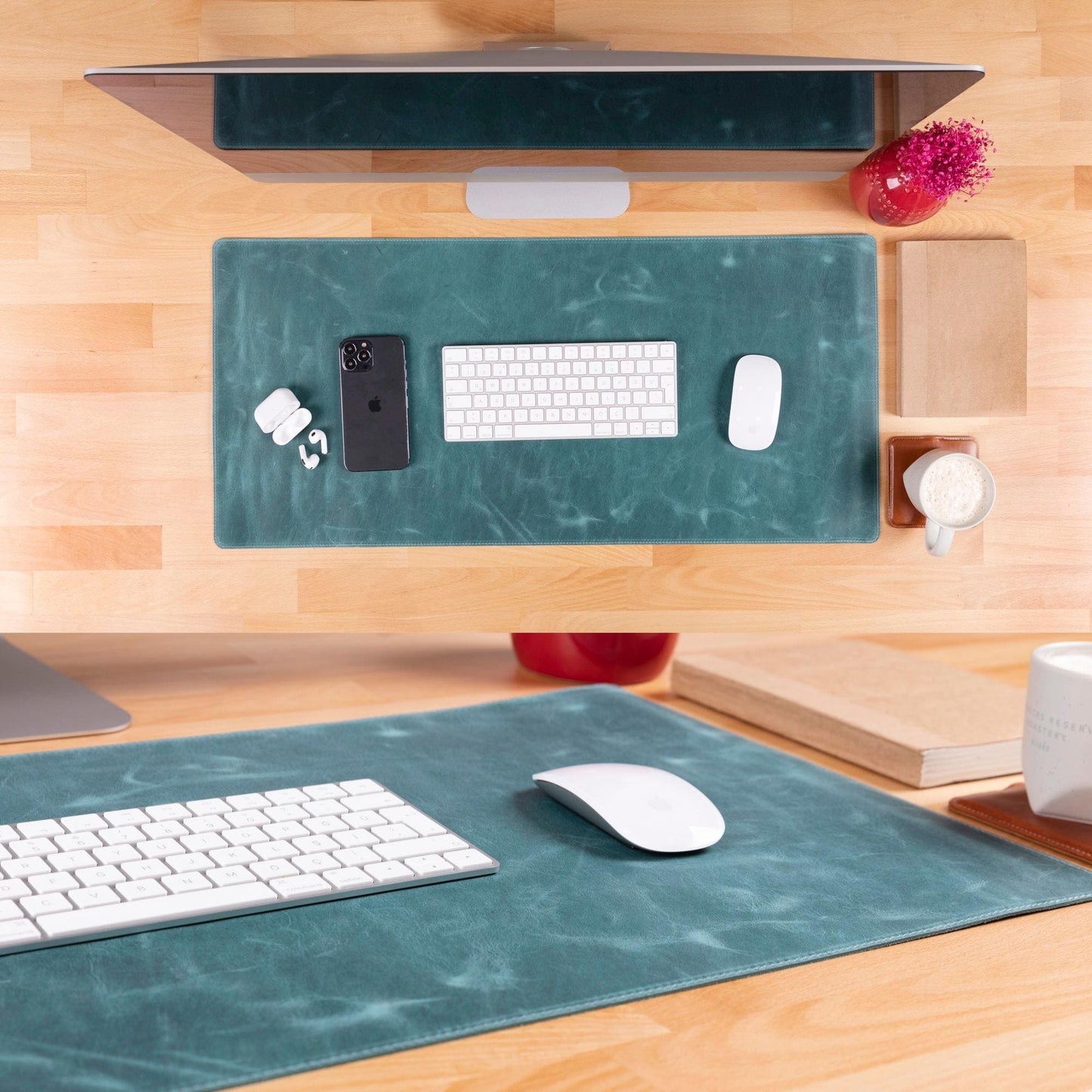 Sous-main en cuir vert bleuté, grand modèle, texture marbrée pour clavier et souris