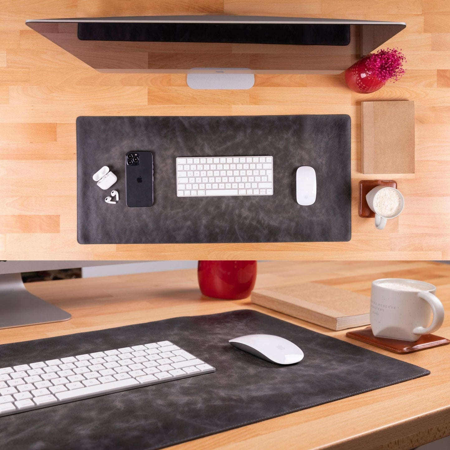 Sous-main en cuir pleine fleur gris foncé, format bureau, surface mate.