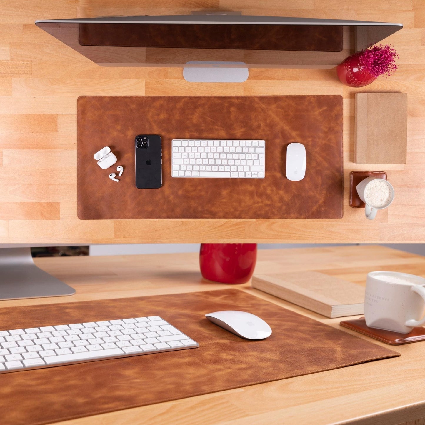 Sous-main en cuir brun, grand format, surface veinée pour clavier et souris