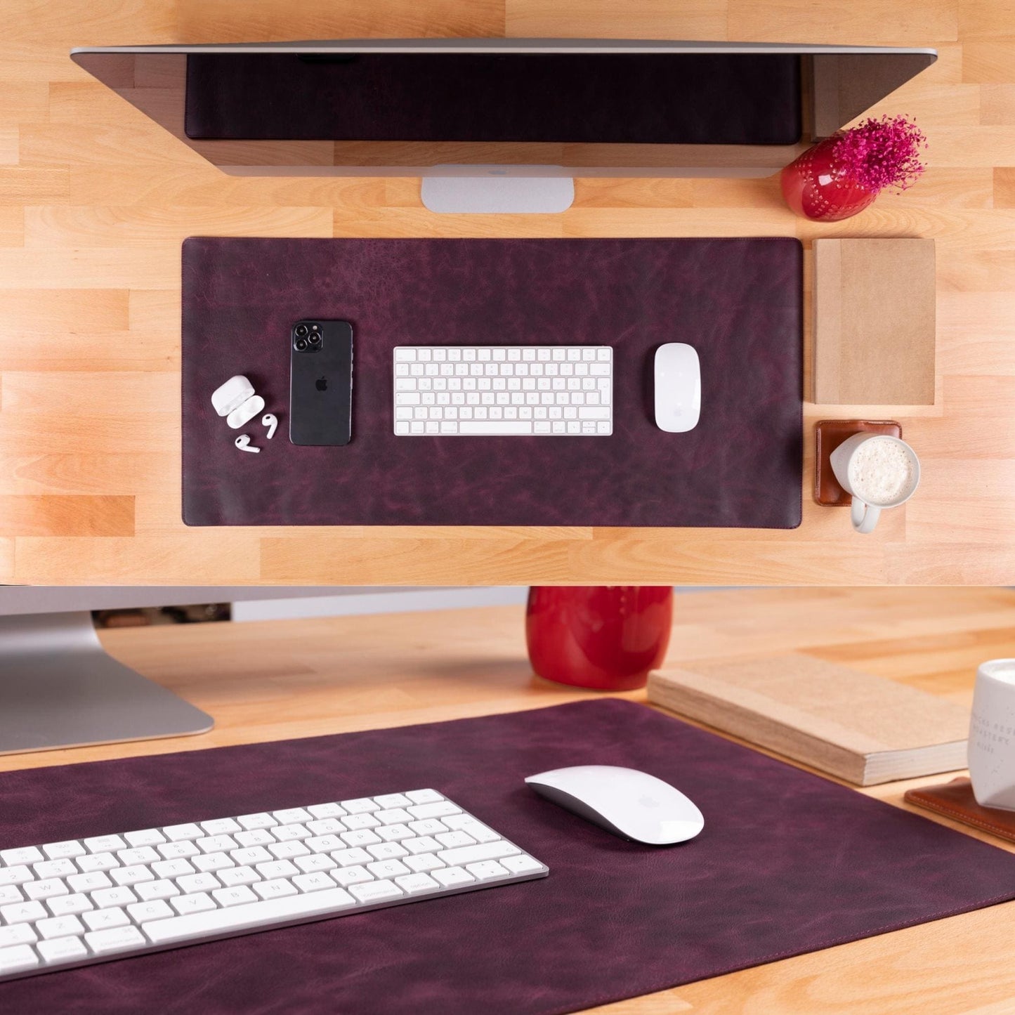 Sous-main en cuir violet, format bureau avec surpiqûres et texture brossée, pour clavier et souris