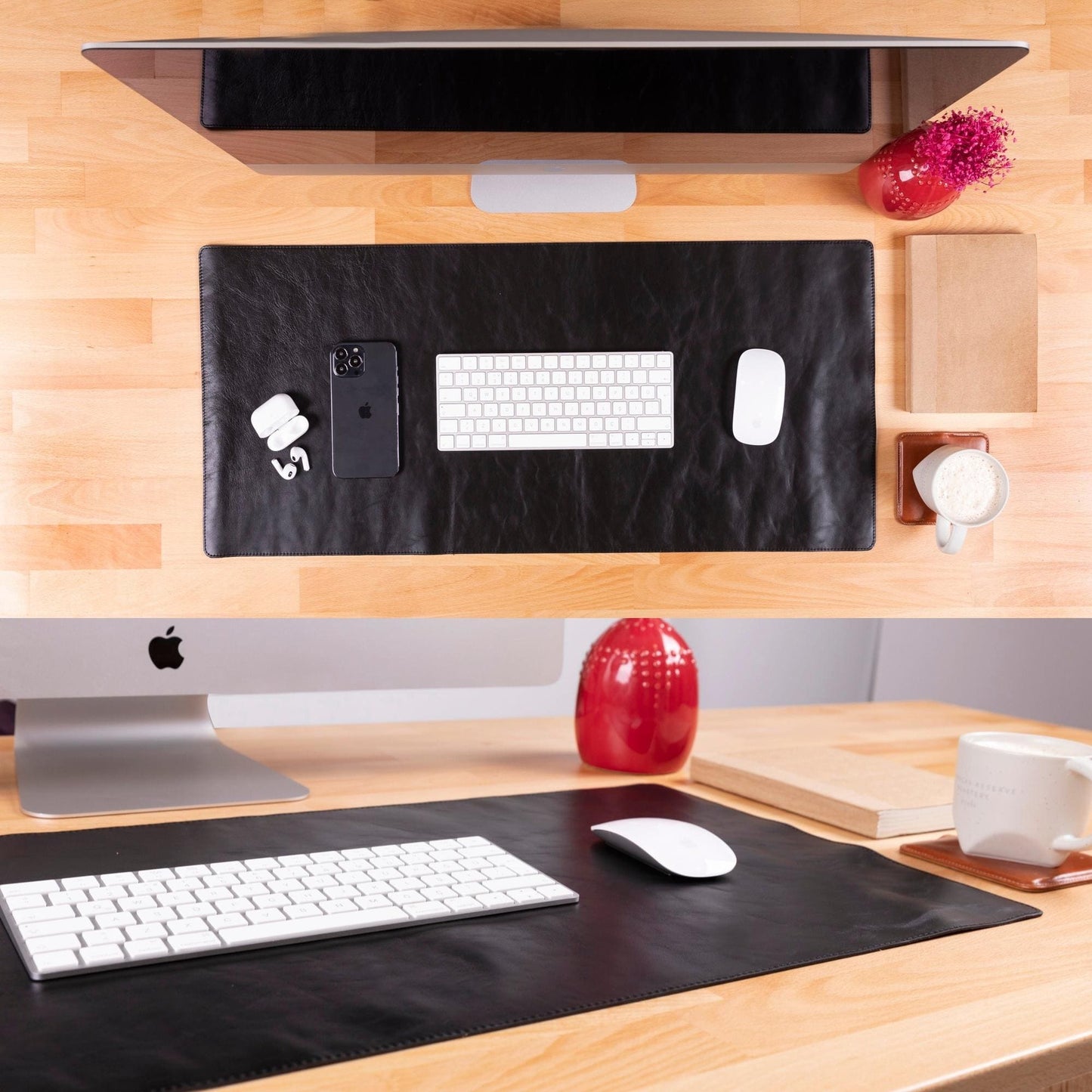 Sous-main en cuir pleine fleur noir, grand format bureau, surface mate.