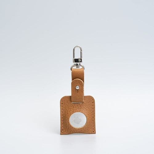 Porte-clés en cuir camel avec mousqueton argenté et fenêtre ronde AirTag