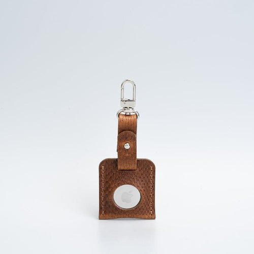 Porte-clés en cuir brun foncé avec mousqueton argenté et fenêtre ronde pour AirTag