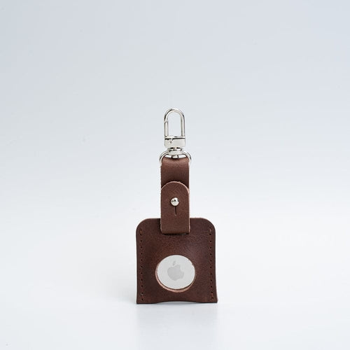 Porte-clés en cuir chocolat avec mousqueton argenté et fenêtre ronde AirTag