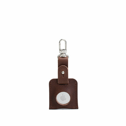 Porte-clés en cuir chocolat avec mousqueton argenté et fenêtre ronde AirTag