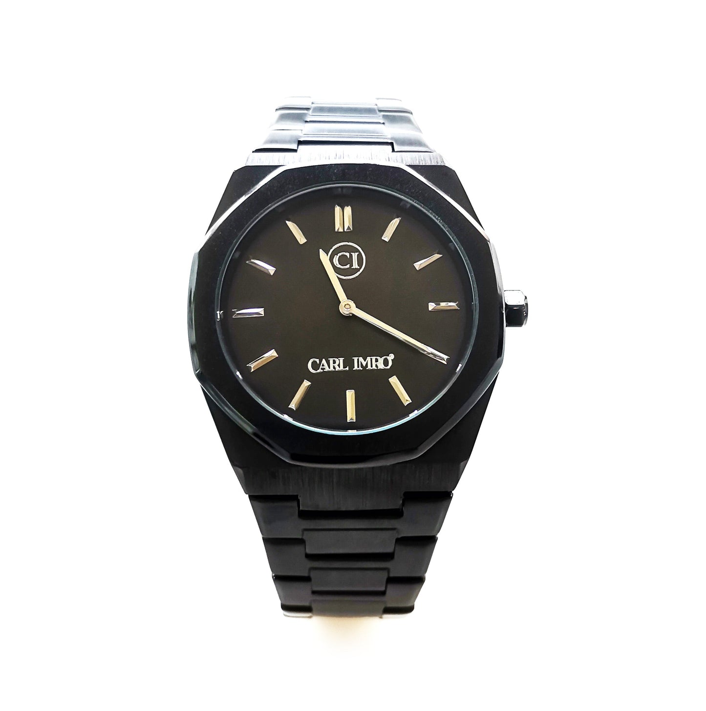 Montre homme CRLi, cadran noir, bracelet acier à maillons et aiguilles dorées.