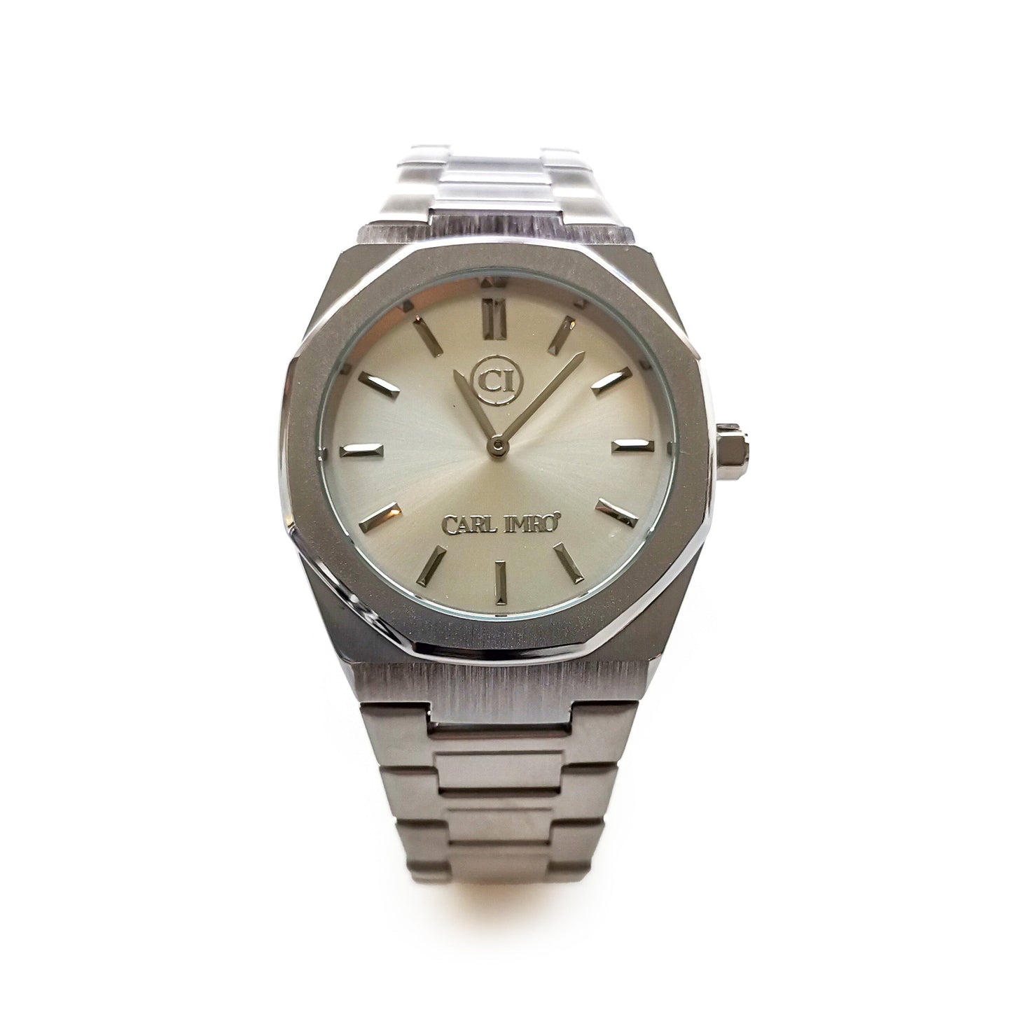 Montre-bracelet homme en acier inox, cadran beige clair, bracelet maillons argentés