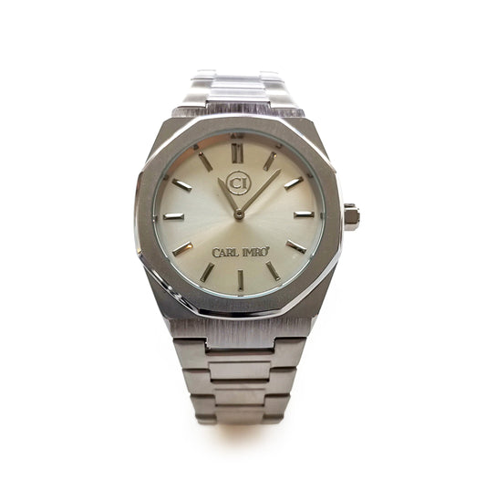 Montre-bracelet homme en acier inox, cadran beige clair, bracelet maillons argentés