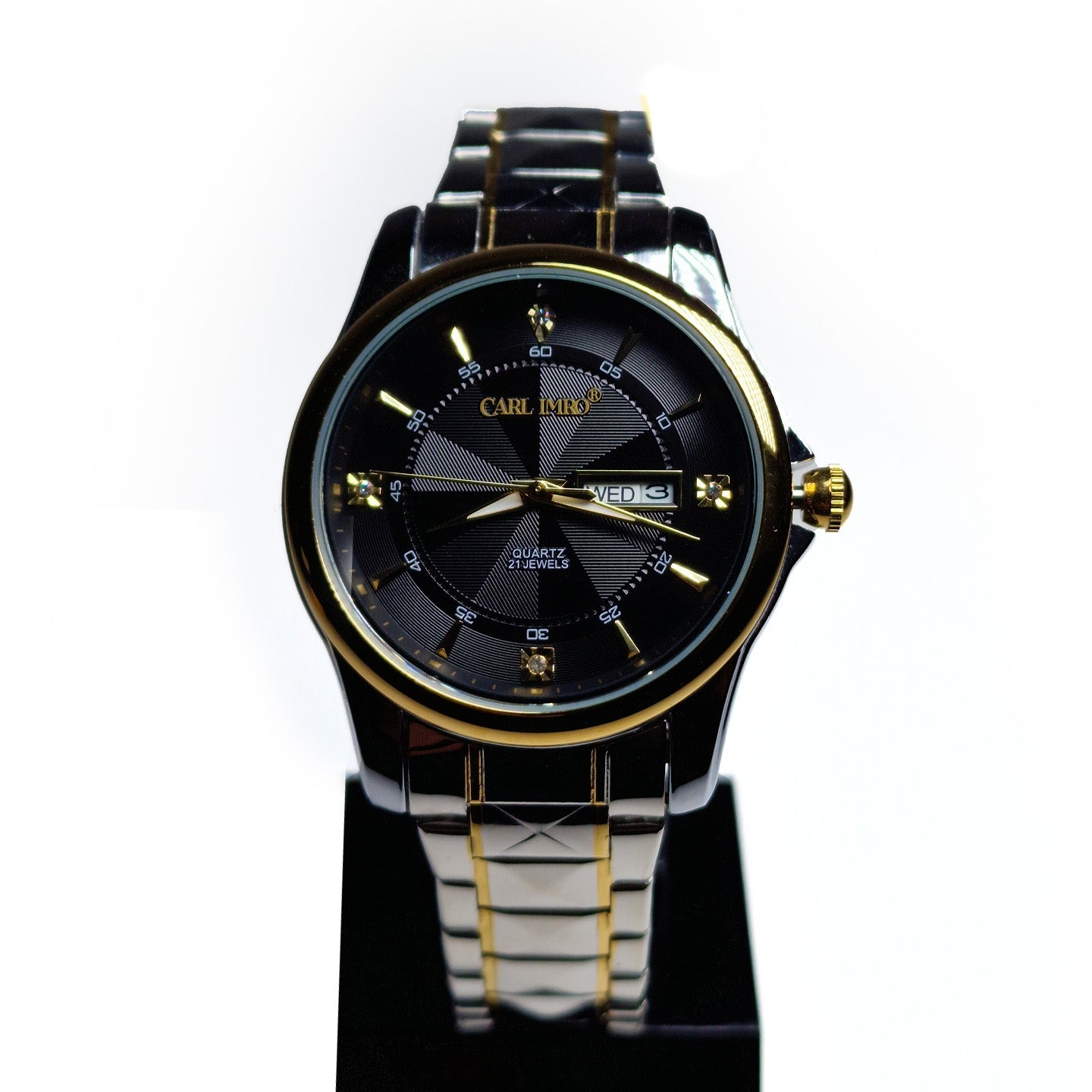 Montre homme cadran noir avec affichage date et bracelet acier bi‑ton