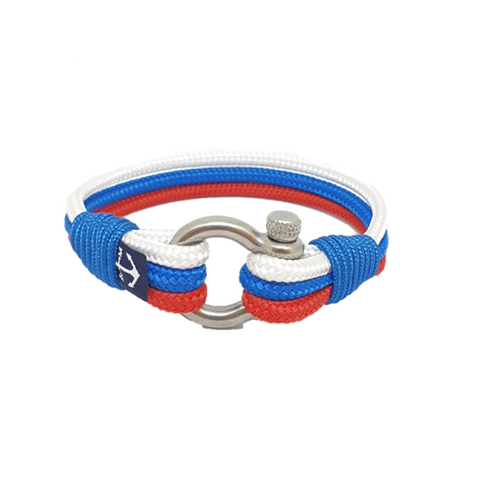 Bracelet en corde tressée bleu, blanc et rouge avec fermoir métallique