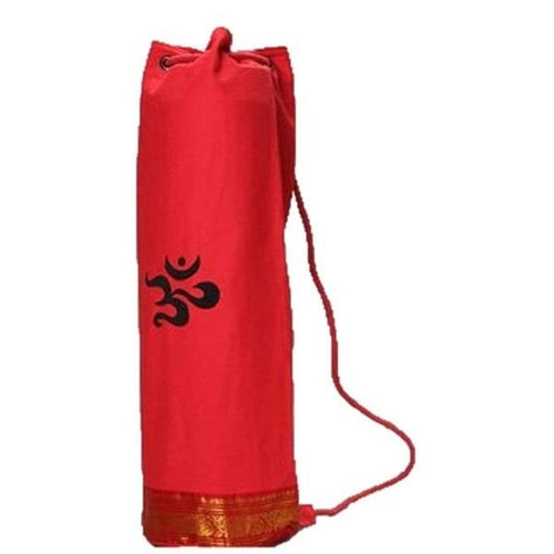 Housse de tapis de yoga rouge, cordon de serrage, symbole Om noir et base bordée rouge