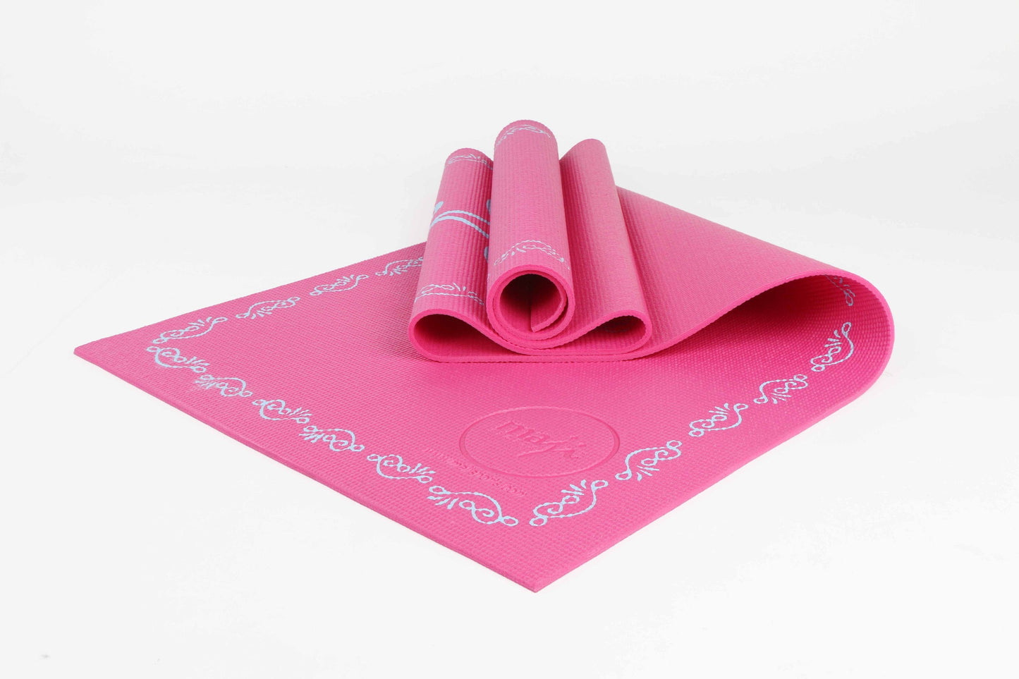 Tapis de yoga imprimé PVC rose, enroulé, motifs décoratifs et rosace centrale