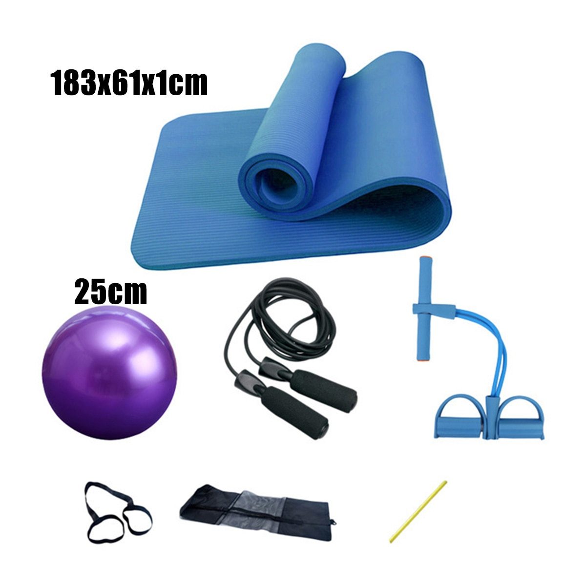 Tapis de yoga bleu et ballon violet avec élastiques et accessoires, ensemble 5 pièces