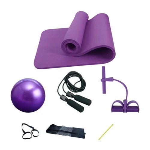 Ensemble fitness 5 pièces : tapis violet, ballon, élastiques et accessoires
