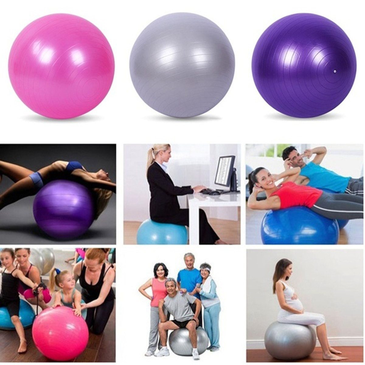 Lot de 3 ballons d’exercice : rose, gris et violet