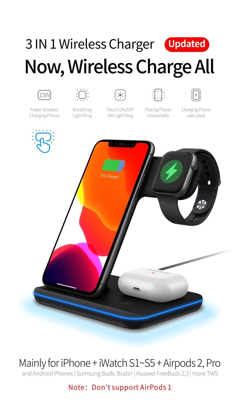 Station de charge sans fil 3-en-1 Ninja avec charge téléphone, montre et AirPods sur socle