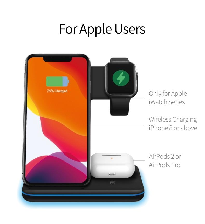 Station de charge sans fil 3-en-1 Ninja avec support montre, base noire et AirPods blancs