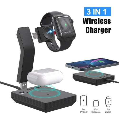 Chargeur sans fil 3-en-1 Ninja, avec montre, écouteurs et base de charge noire connectée