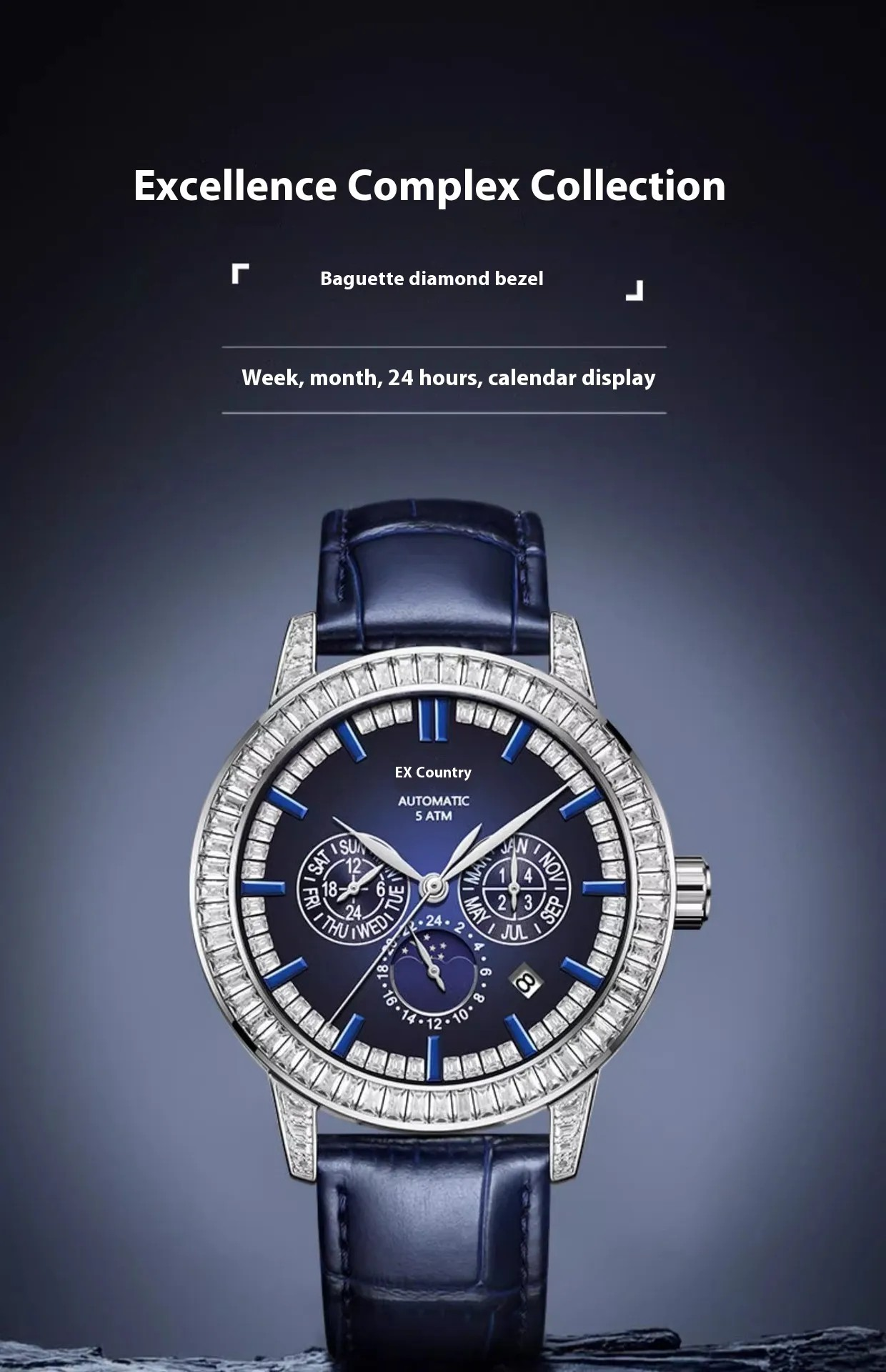 Montre BEXEI® à cadran bleu, lunette sertie et bracelet en cuir bleu foncé