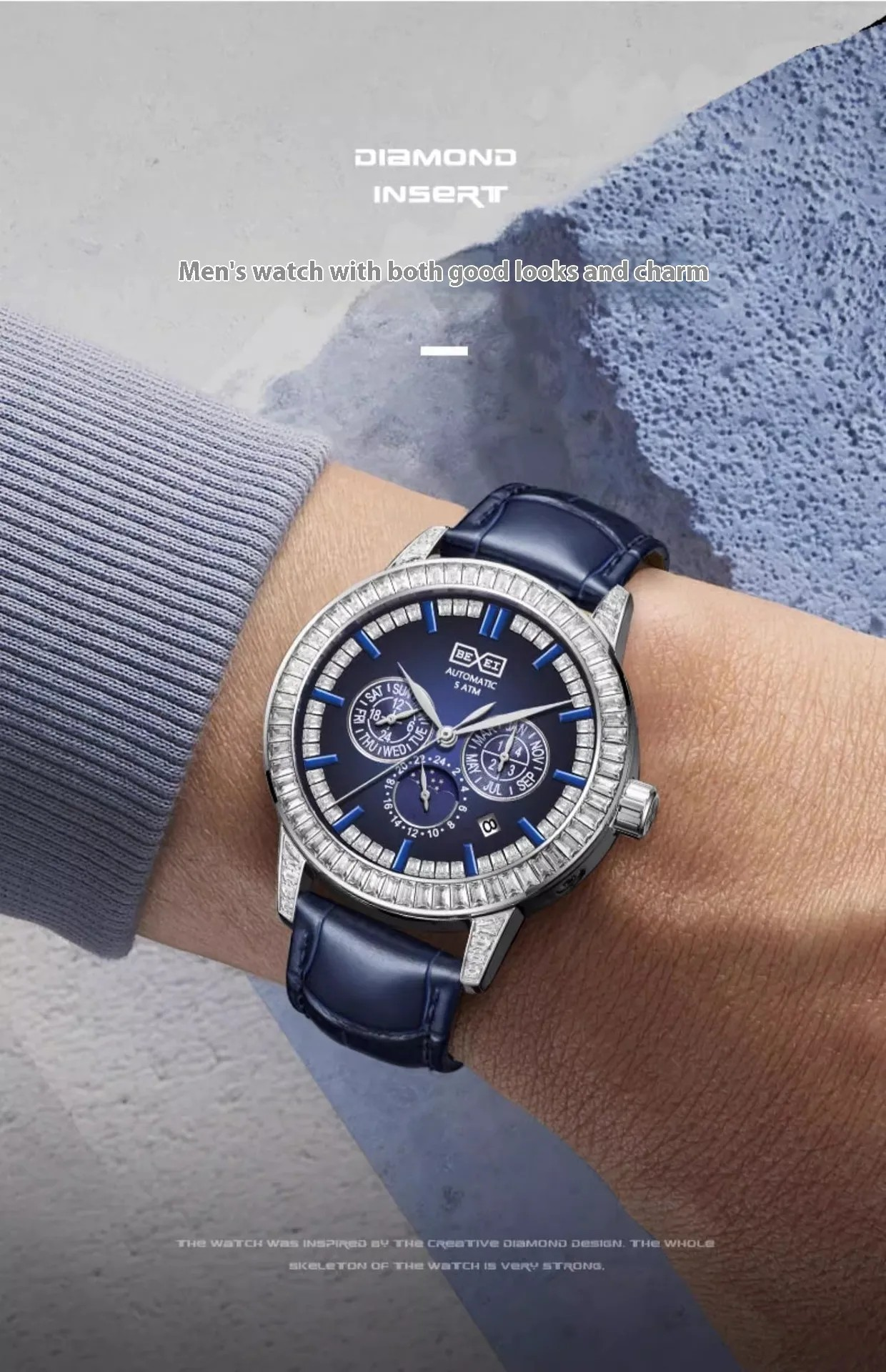 Montre BEXEI® au poignet, cadran bleu et bracelet en cuir bleu foncé