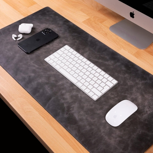 Sous-main en cuir gris anthracite, grand format, texture veinée pour clavier et souris
