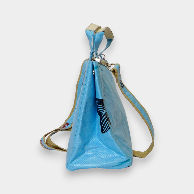Sac pochon bleu clair avec cordon et bandoulière, motif oiseau