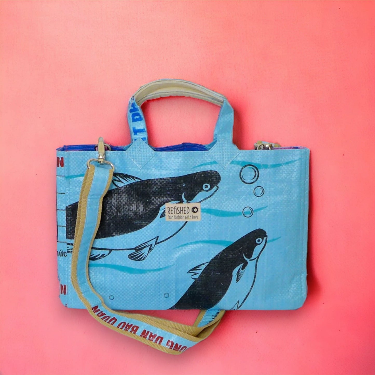 Sac cabas bleu clair imprimé oiseaux, poignées et bandoulière