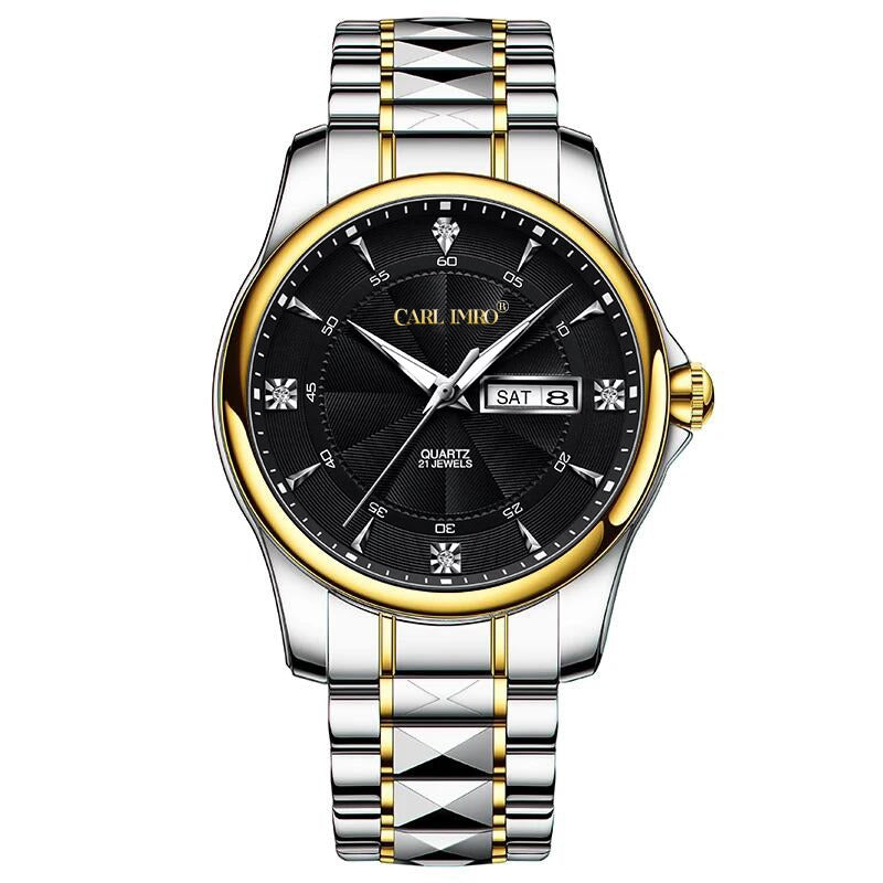 Montre homme à cadran noir, aiguilles dorées et bracelet acier bi‑ton