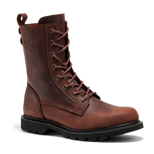 Botte de travail en cuir marron, lacets, œillets et semelle crantée