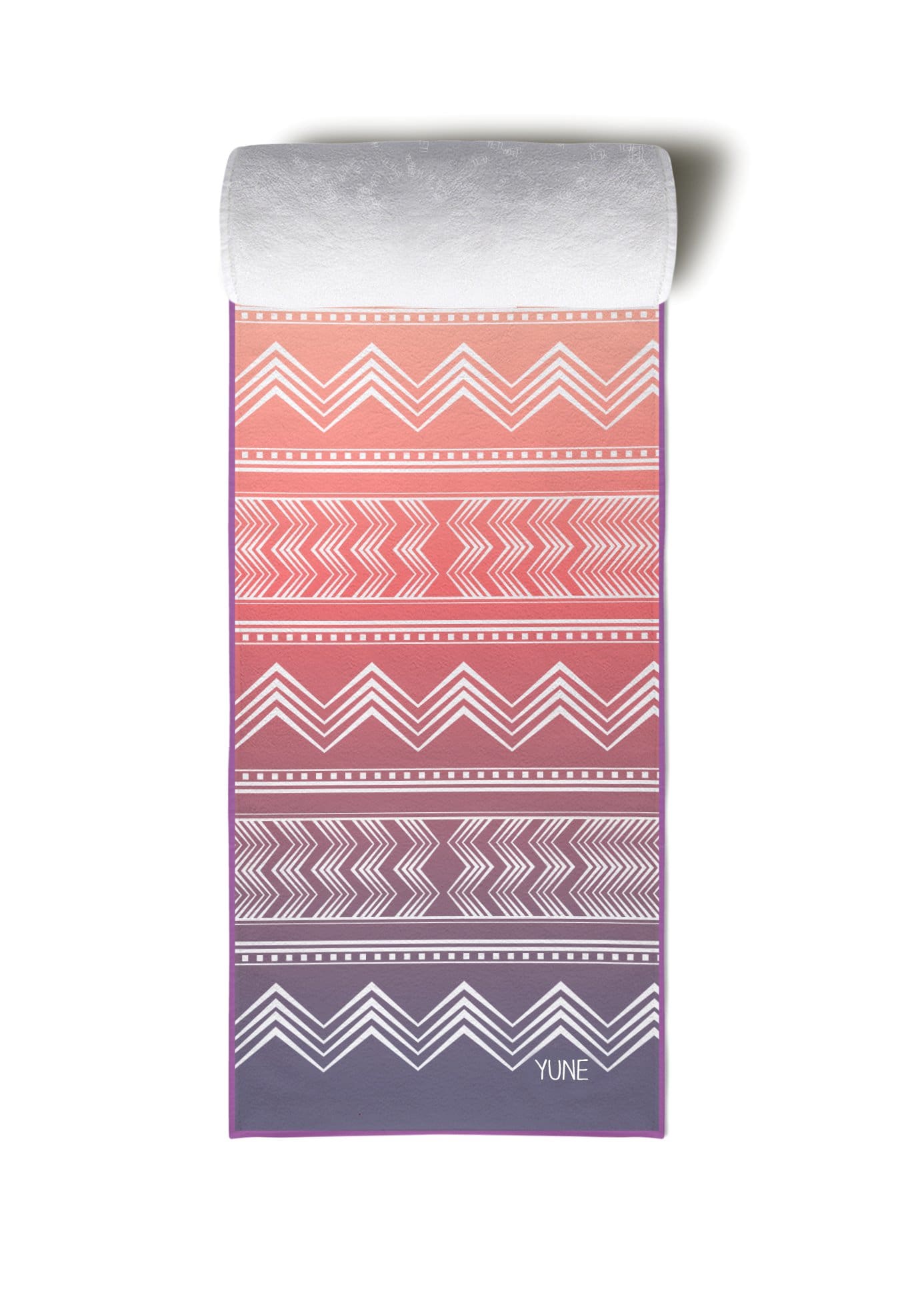 Serviette de yoga chevrons rose et violet, bord contrasté, pliée