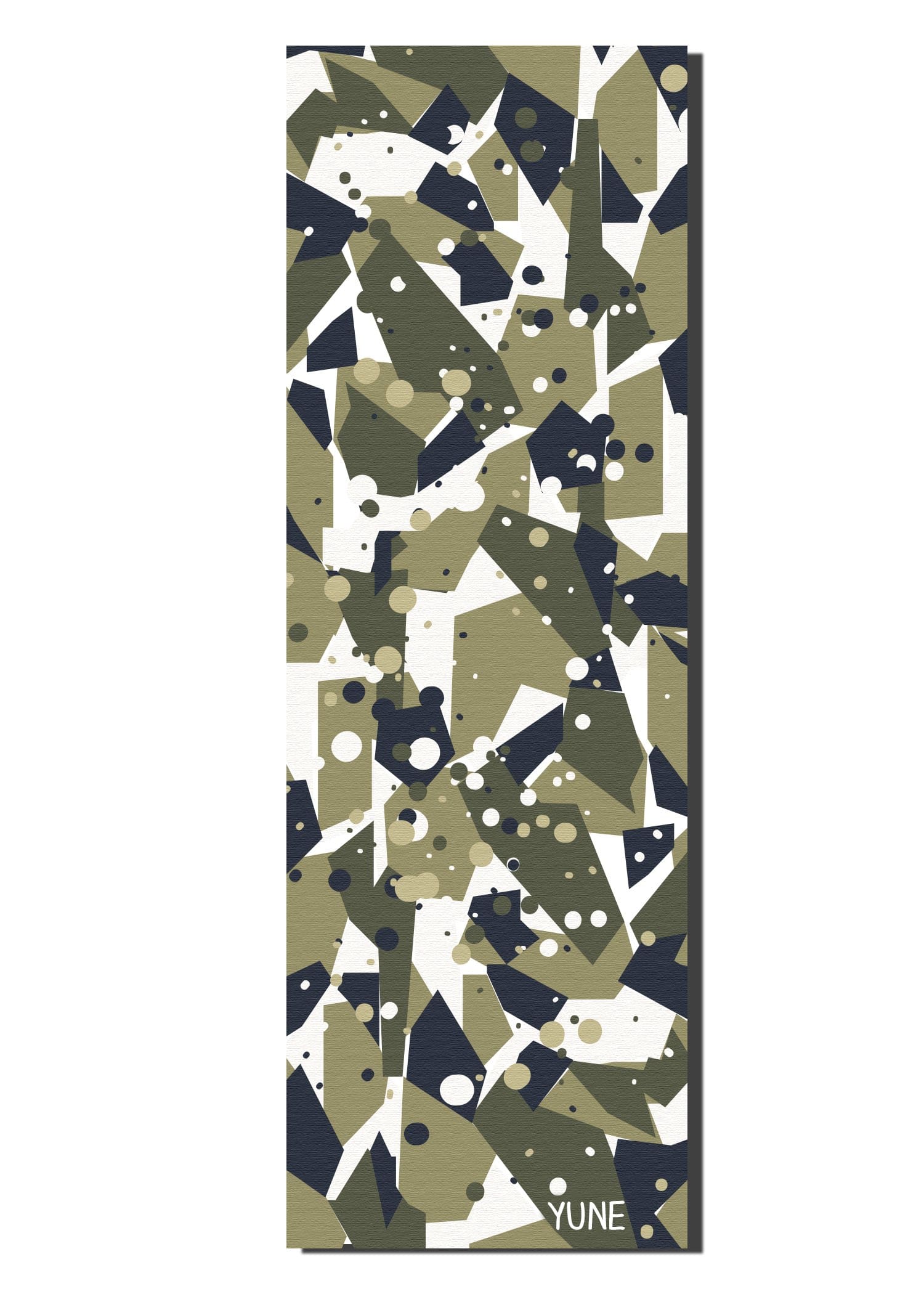 Tapis de yoga vert à motifs abstraits, logo Yune en bas