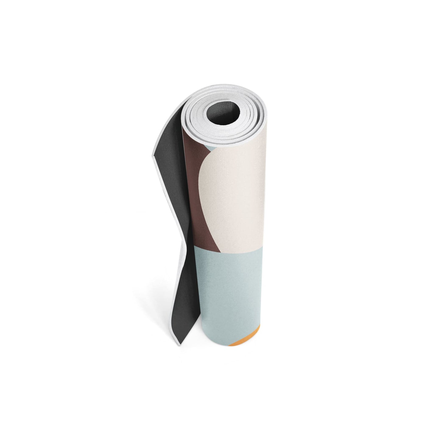 Tapis de yoga Yune Yoga roulé, bord noir, motifs beige et bleu clair