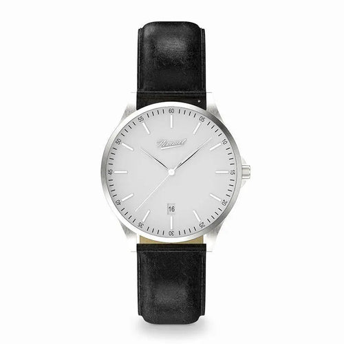 Montre H|Watch Série 2 cadran blanc, bracelet cuir noir, couronne latérale.