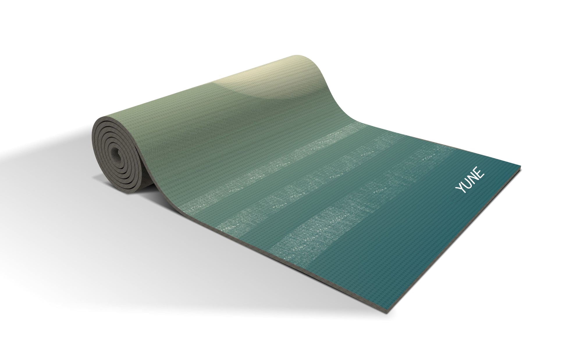 Tapis de yoga antidérapant design planètes, vert et bleu, roulé, logo YUNE