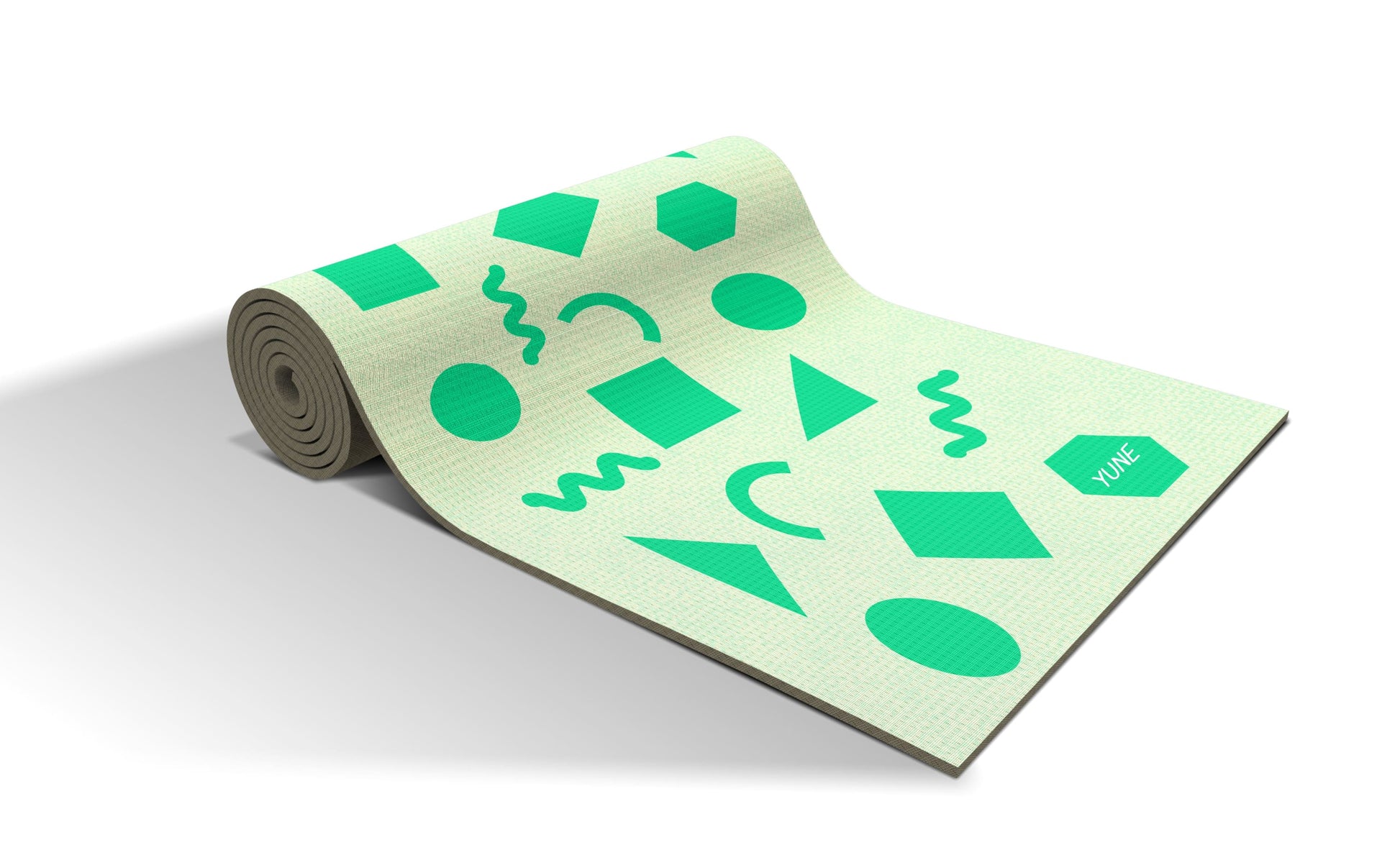 Tapis de yoga vert clair à motifs géométriques, roulé, texture antidérapante
