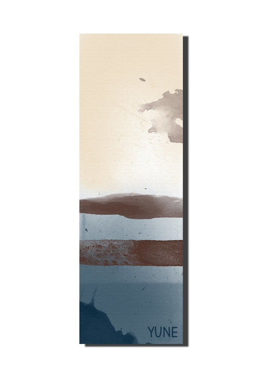 Tapis de yoga bleu avec bande brun clair et logo YUNE, surface antidérapante