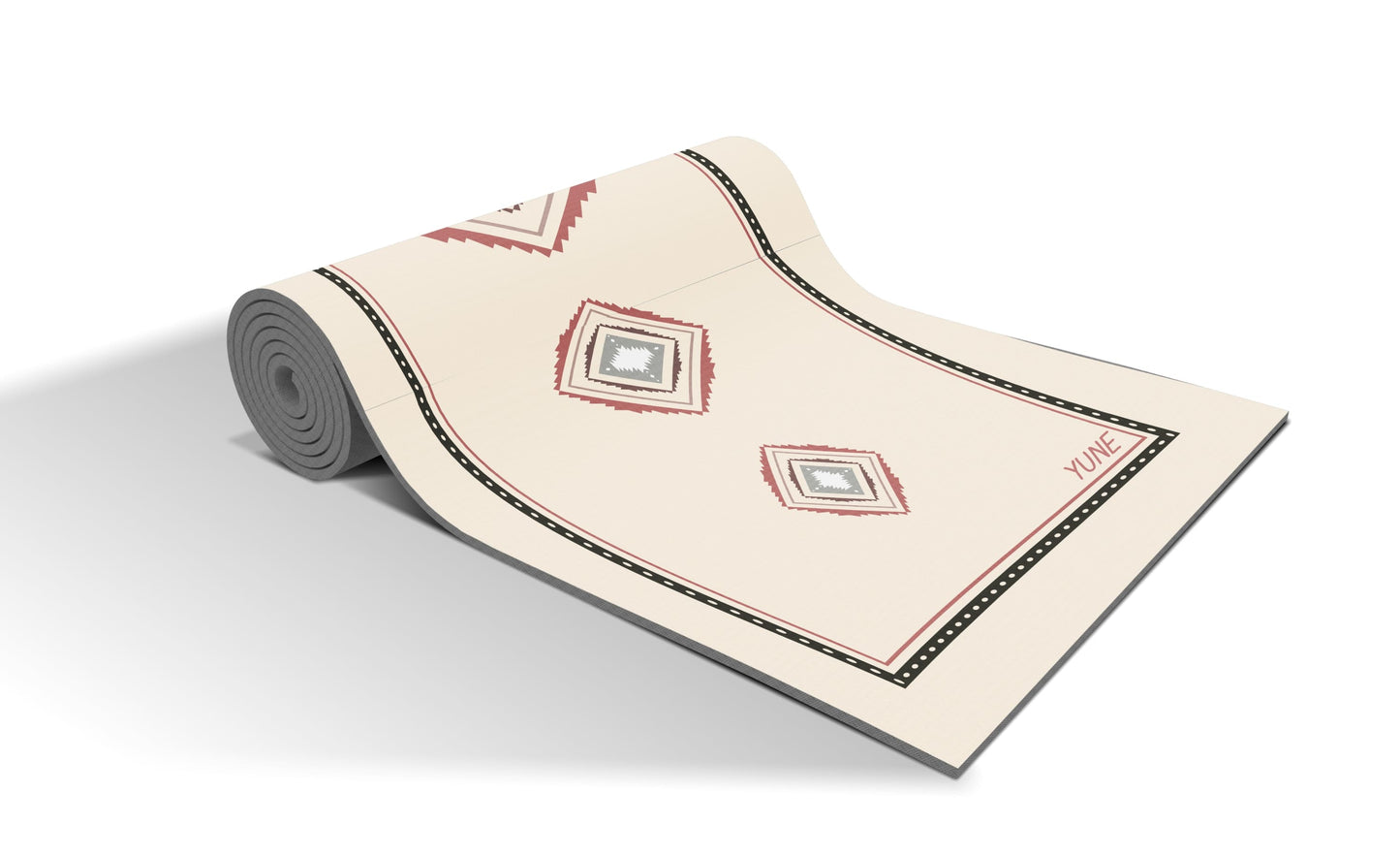 Tapis de yoga beige antidérapant, motif géométrique, logo Yune, roulé